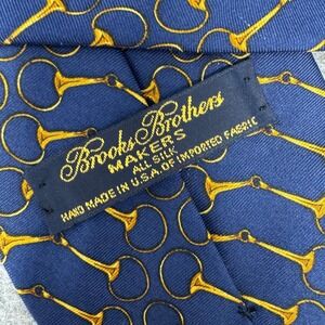 Brooks Brothers Makers Silk Necktie Blue Gold Equestrian Horse Bit Print‎